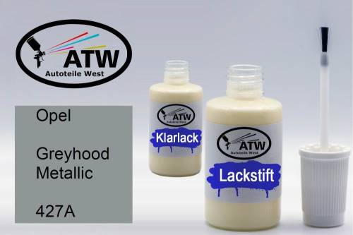 Opel, Greyhood Metallic, 427A: 20ml Lackstift + 20ml Klarlack - Set, von ATW Autoteile West.